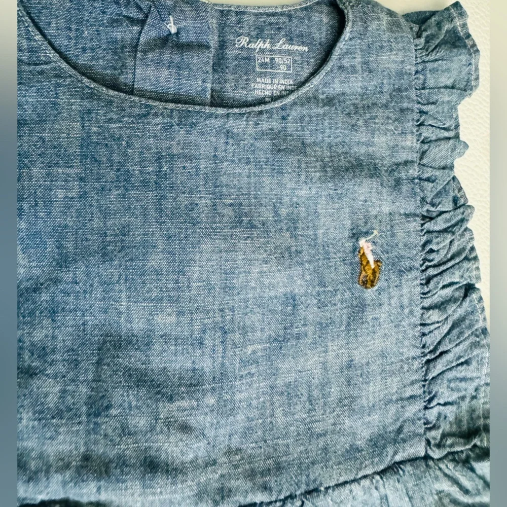 Ralph Lauren Girls' Chambray Ruffle Bubble Romper - Baby 24 months EUC $50
